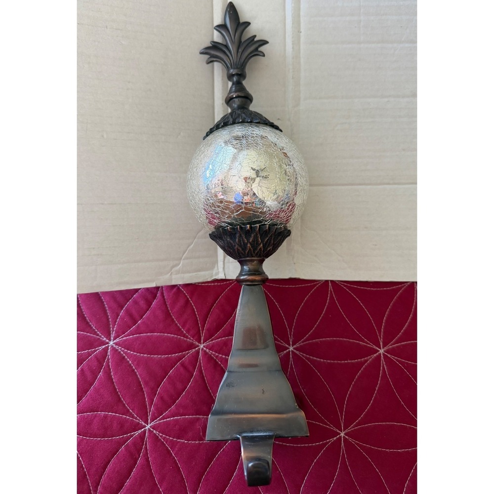 Vtg Brass Crackle Glass Orb Finial Christmas Stocking Holder Mantel Decor